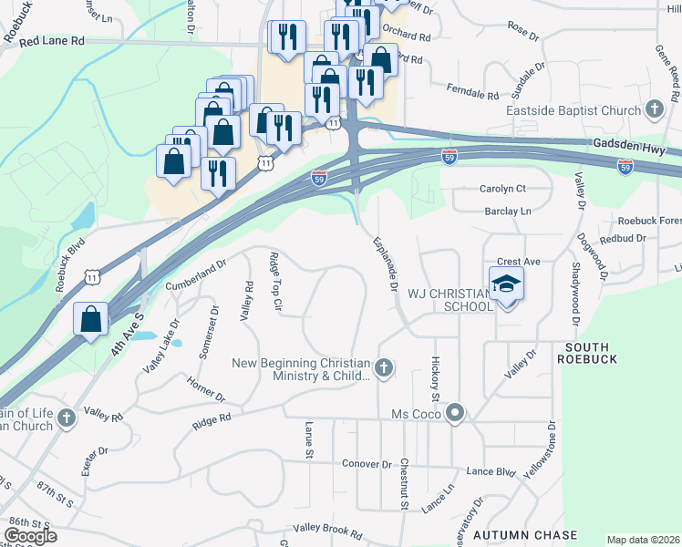 map of restaurants, bars, coffee shops, grocery stores, and more near 600 Ridge Top Circle in Birmingham