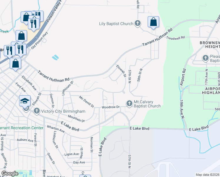 map of restaurants, bars, coffee shops, grocery stores, and more near 2212 Etowah Street in Birmingham
