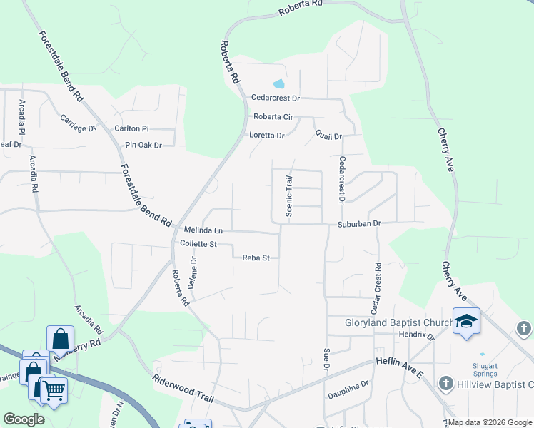 map of restaurants, bars, coffee shops, grocery stores, and more near 2050 Trailridge Square in Birmingham