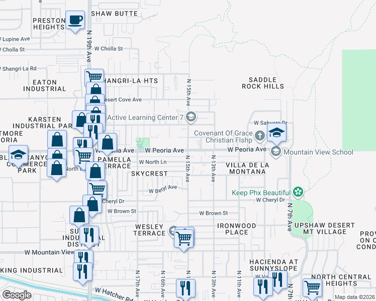 map of restaurants, bars, coffee shops, grocery stores, and more near W Peoria Ave & N 15th Ave in Phoenix
