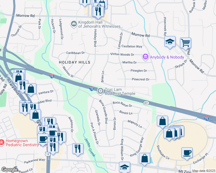 map of restaurants, bars, coffee shops, grocery stores, and more near 845 Brian Lane in Forest Park