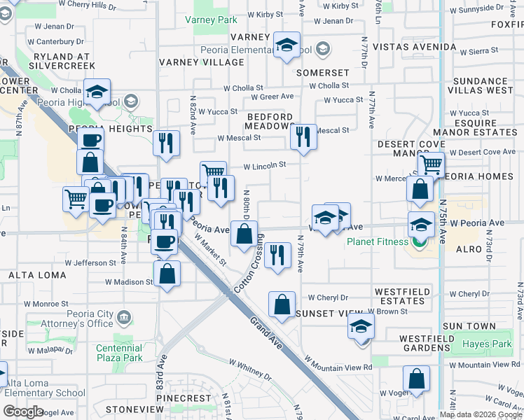 map of restaurants, bars, coffee shops, grocery stores, and more near 10713 North 80th Lane in Peoria