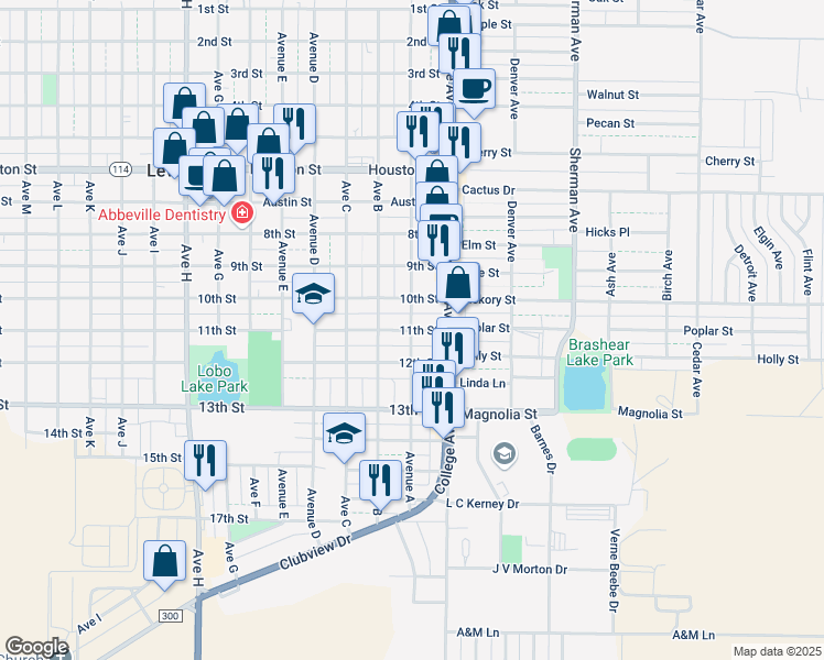 map of restaurants, bars, coffee shops, grocery stores, and more near 1100 Avenue A in Levelland