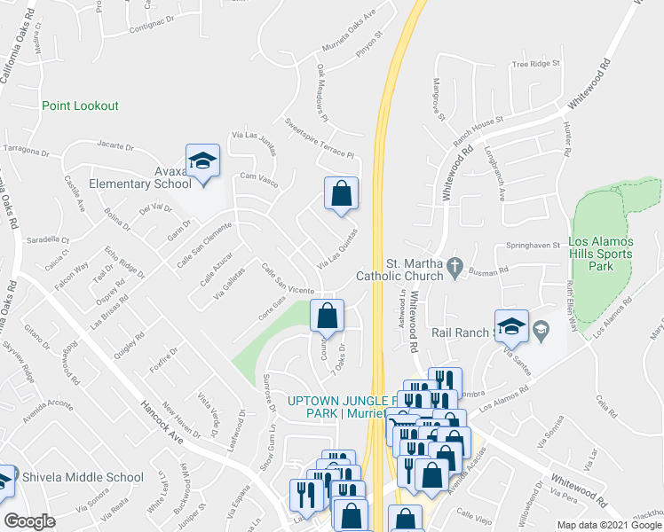 map of restaurants, bars, coffee shops, grocery stores, and more near 39222 Vía Las Quintas in Murrieta