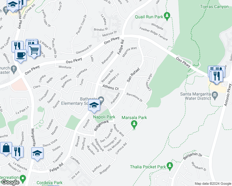 map of restaurants, bars, coffee shops, grocery stores, and more near 27738 Rubidoux in Mission Viejo
