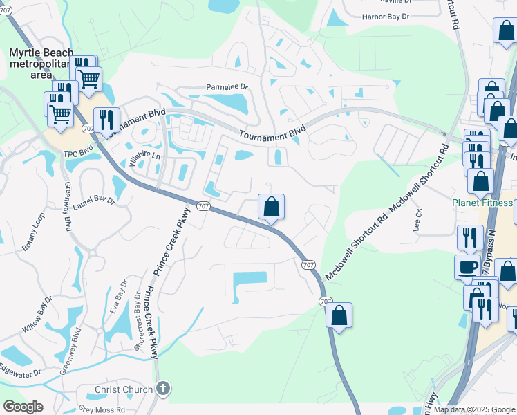 map of restaurants, bars, coffee shops, grocery stores, and more near 9649 Bradford Lane in Murrells Inlet