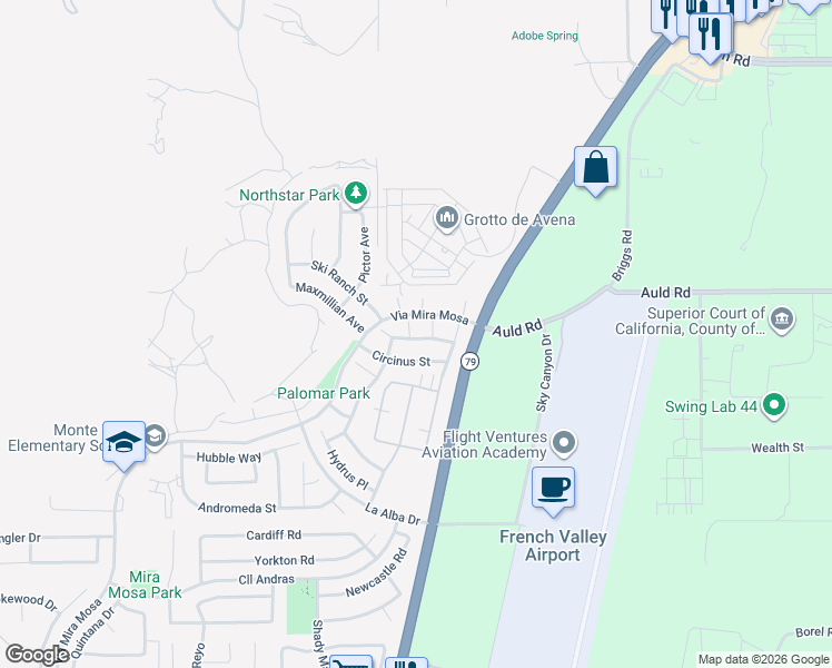 map of restaurants, bars, coffee shops, grocery stores, and more near 36958 Lumid Lane in Murrieta