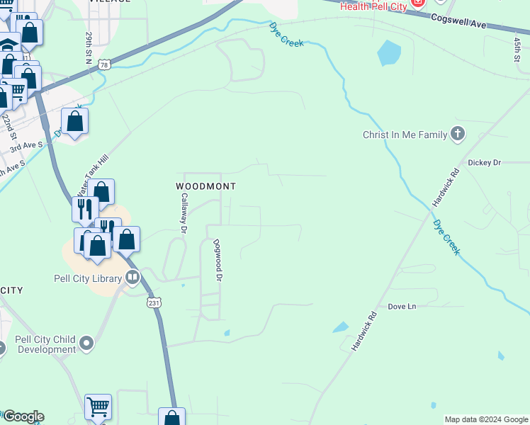 map of restaurants, bars, coffee shops, grocery stores, and more near 2719 Meadowview Drive in Pell City