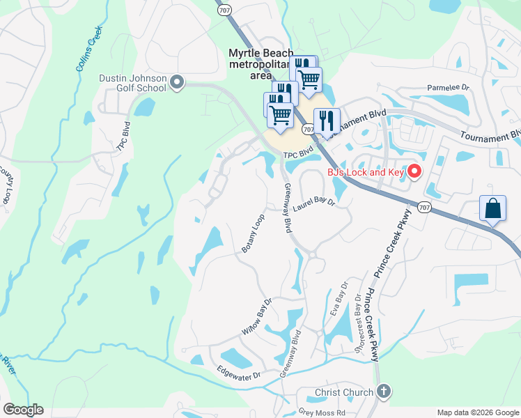 map of restaurants, bars, coffee shops, grocery stores, and more near 707 Botany Loop in Murrells Inlet