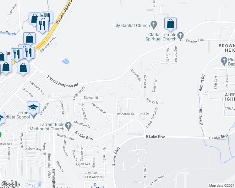 map of restaurants, bars, coffee shops, grocery stores, and more near 2144 Etowah Street in Birmingham