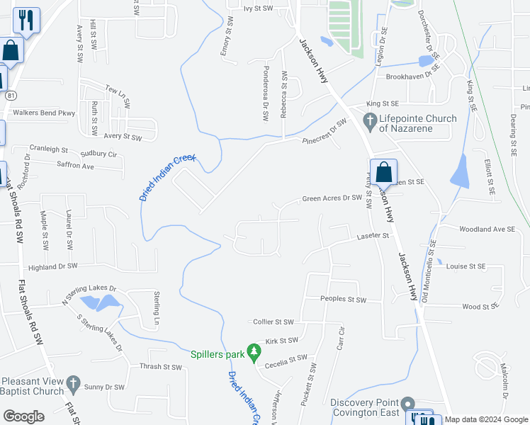 map of restaurants, bars, coffee shops, grocery stores, and more near 6107 Shadow Glen Court Southwest in Covington