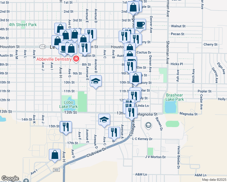 map of restaurants, bars, coffee shops, grocery stores, and more near 1100 Avenue B in Levelland