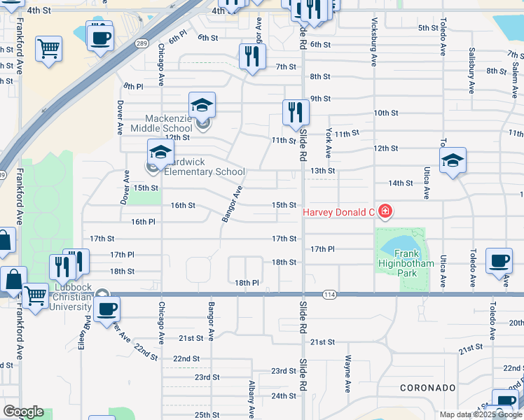 map of restaurants, bars, coffee shops, grocery stores, and more near 5221 15th St in Lubbock