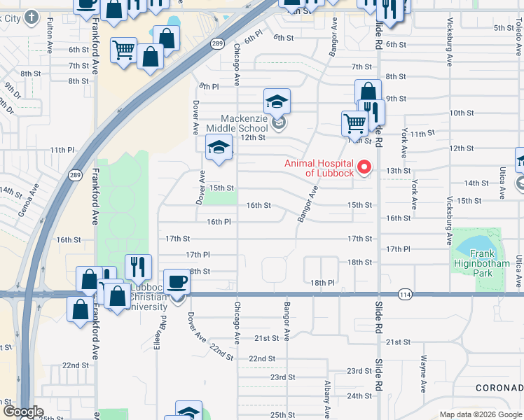 map of restaurants, bars, coffee shops, grocery stores, and more near 5421 16th Street in Lubbock