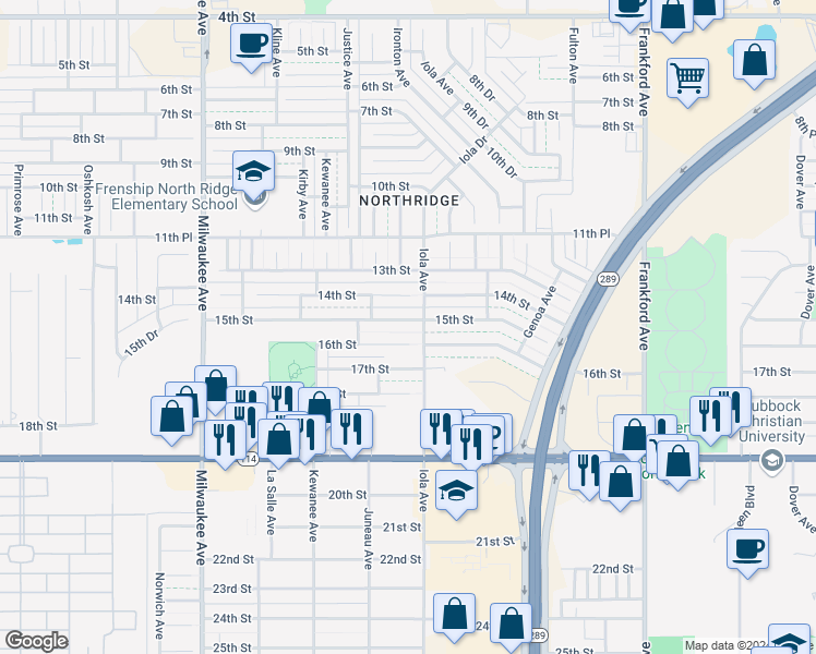 map of restaurants, bars, coffee shops, grocery stores, and more near 6105 15th Street in Lubbock