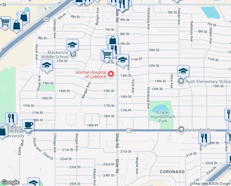 map of restaurants, bars, coffee shops, grocery stores, and more near 5016 16th Street in Lubbock