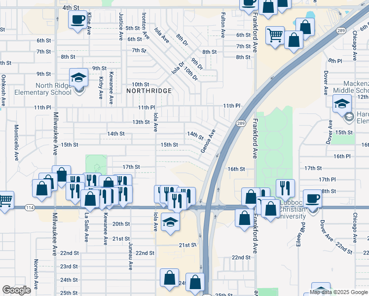 map of restaurants, bars, coffee shops, grocery stores, and more near 5915 15th Street in Lubbock