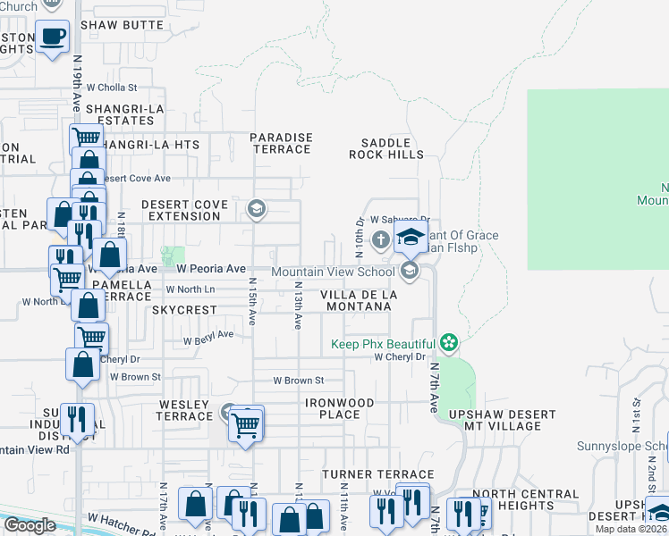 map of restaurants, bars, coffee shops, grocery stores, and more near 1111 W Peoria Ave in Phoenix