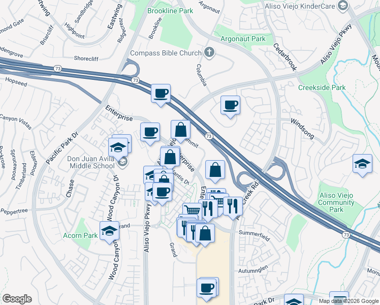 map of restaurants, bars, coffee shops, grocery stores, and more near 75 Enterprise in Aliso Viejo