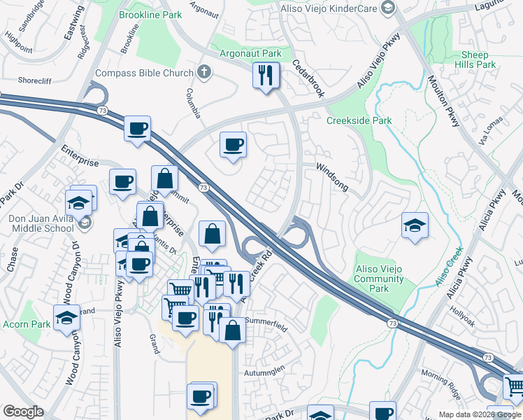 map of restaurants, bars, coffee shops, grocery stores, and more near 29 Southwind in Aliso Viejo