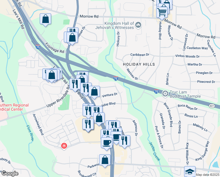 map of restaurants, bars, coffee shops, grocery stores, and more near 561 Santa Barbara Drive in Forest Park