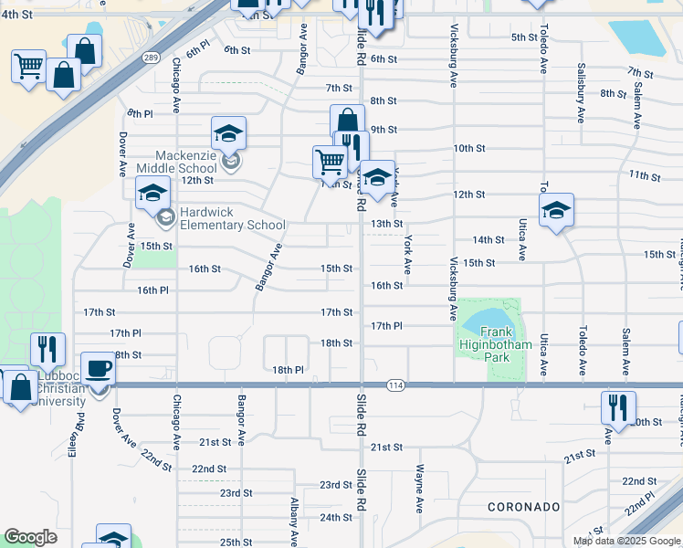 map of restaurants, bars, coffee shops, grocery stores, and more near 5207 15th Street in Lubbock