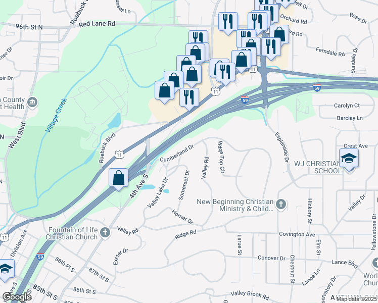 map of restaurants, bars, coffee shops, grocery stores, and more near 432 Cumberland Drive in Birmingham