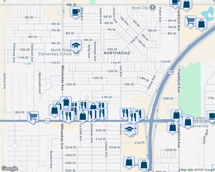 map of restaurants, bars, coffee shops, grocery stores, and more near 6201 15th Street in Lubbock