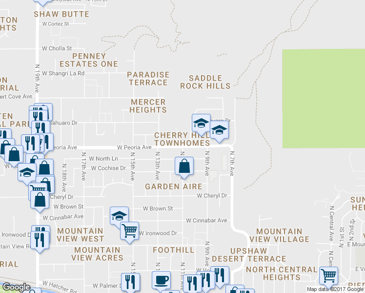 map of restaurants, bars, coffee shops, grocery stores, and more near W Peoria Ave & N 11th Ave in Phoenix