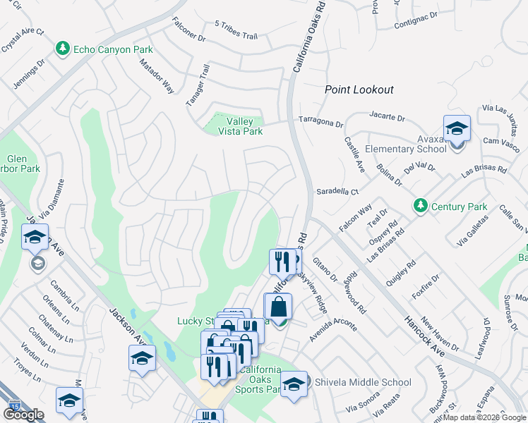 map of restaurants, bars, coffee shops, grocery stores, and more near 40110 Vía Tonada in Murrieta