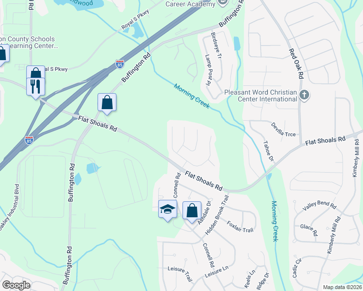 map of restaurants, bars, coffee shops, grocery stores, and more near 6393 Flat Rock Lane in Atlanta