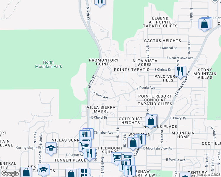 map of restaurants, bars, coffee shops, grocery stores, and more near 10606 North 9th Street in Phoenix