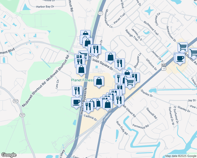 map of restaurants, bars, coffee shops, grocery stores, and more near 12125 US Highway 17 Bypass South in Murrells Inlet