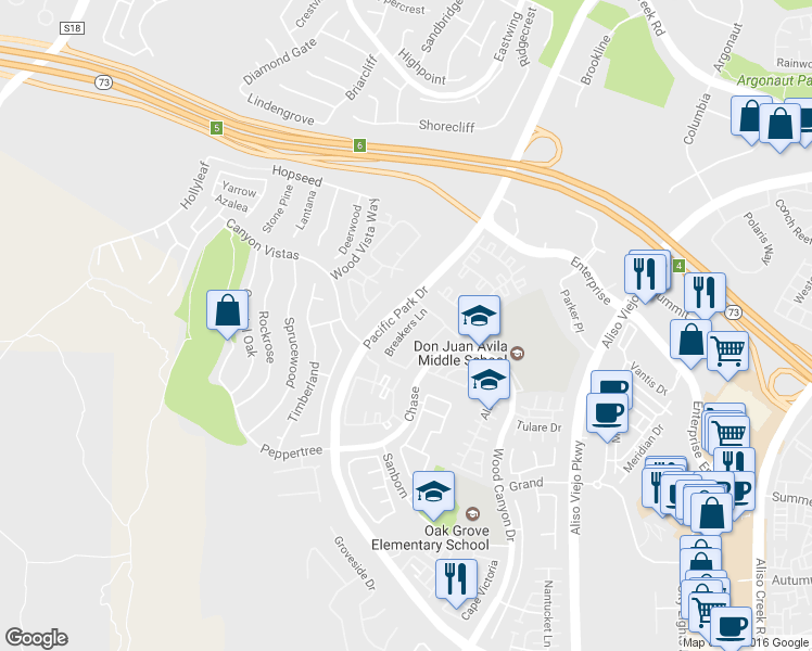 map of restaurants, bars, coffee shops, grocery stores, and more near 41 Breakers Lane in Aliso Viejo