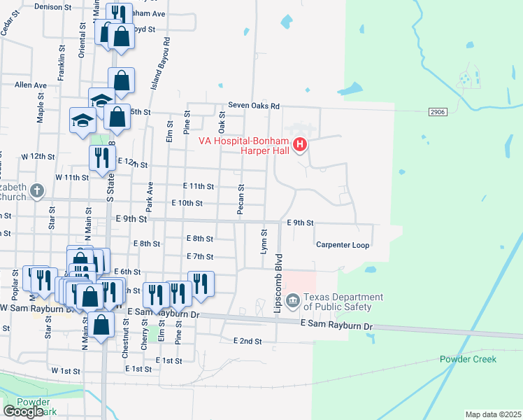 map of restaurants, bars, coffee shops, grocery stores, and more near 901 Lynn Street in Bonham