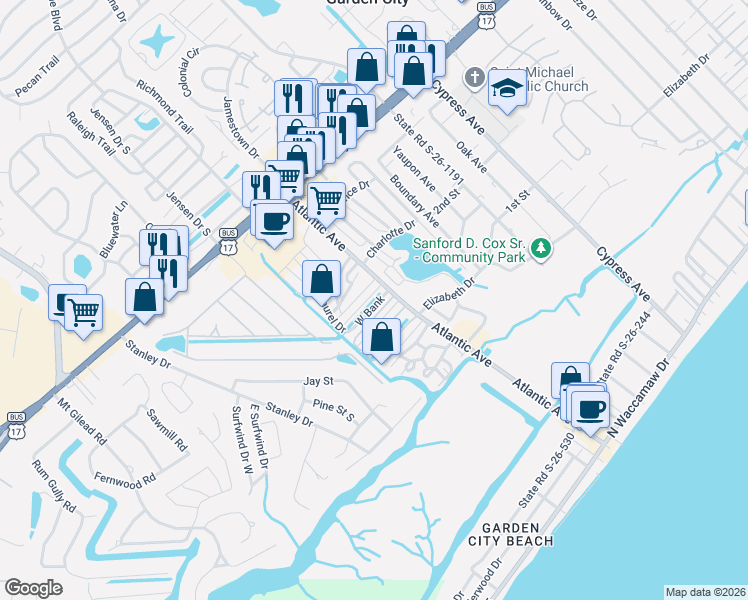 map of restaurants, bars, coffee shops, grocery stores, and more near 457 East Bank in Murrells Inlet