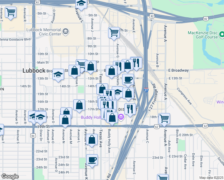 map of restaurants, bars, coffee shops, grocery stores, and more near 1415 Buddy Holly Avenue in Lubbock