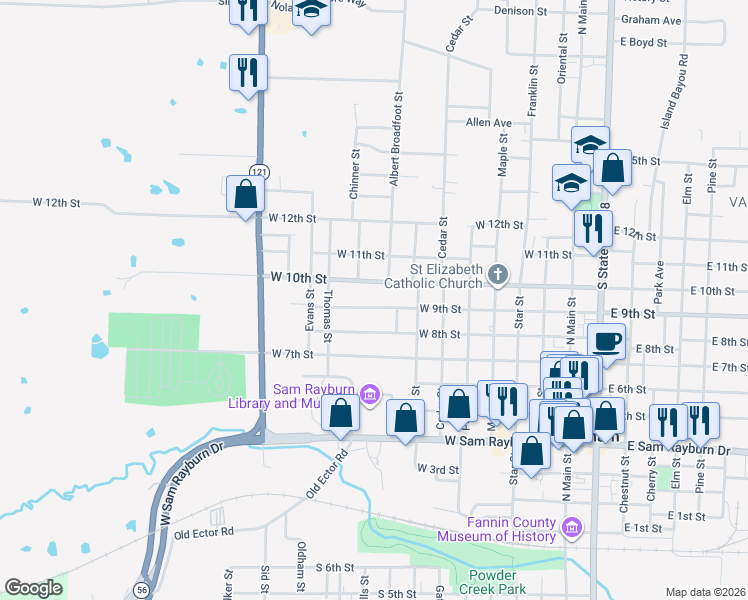 map of restaurants, bars, coffee shops, grocery stores, and more near 820 West 9th Street in Bonham