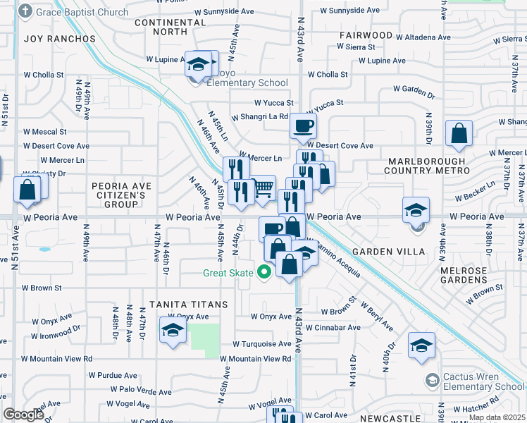 map of restaurants, bars, coffee shops, grocery stores, and more near 4432 West Peoria Avenue in Glendale