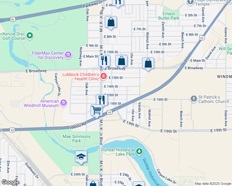 map of restaurants, bars, coffee shops, grocery stores, and more near 1717 East 15th Street in Lubbock