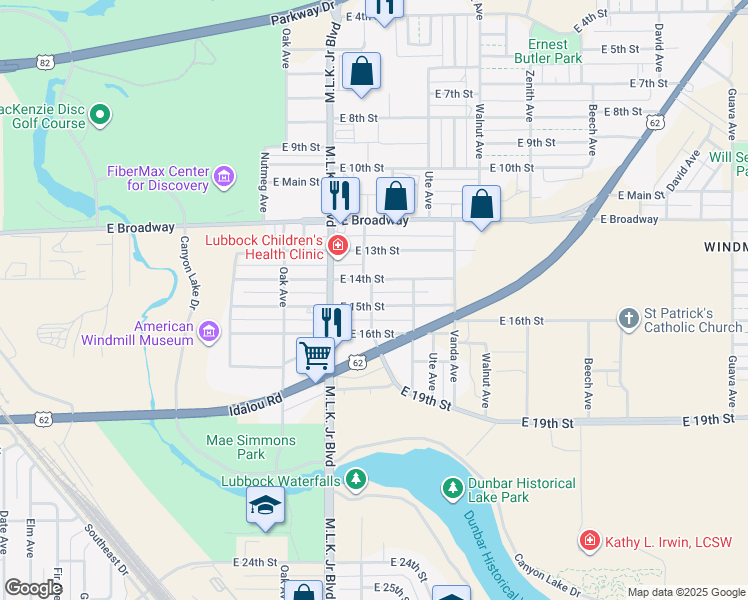 map of restaurants, bars, coffee shops, grocery stores, and more near 1717 East 15th Street in Lubbock