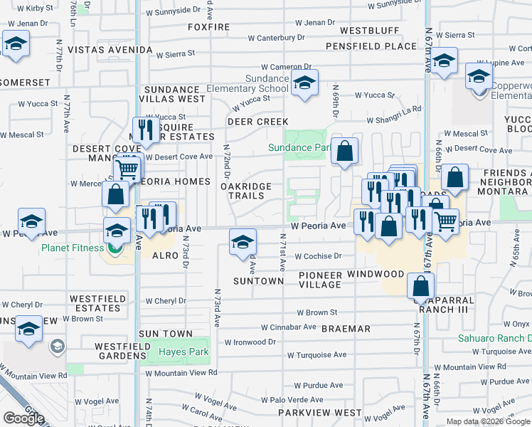 map of restaurants, bars, coffee shops, grocery stores, and more near 7107 West Leith Lane in Peoria