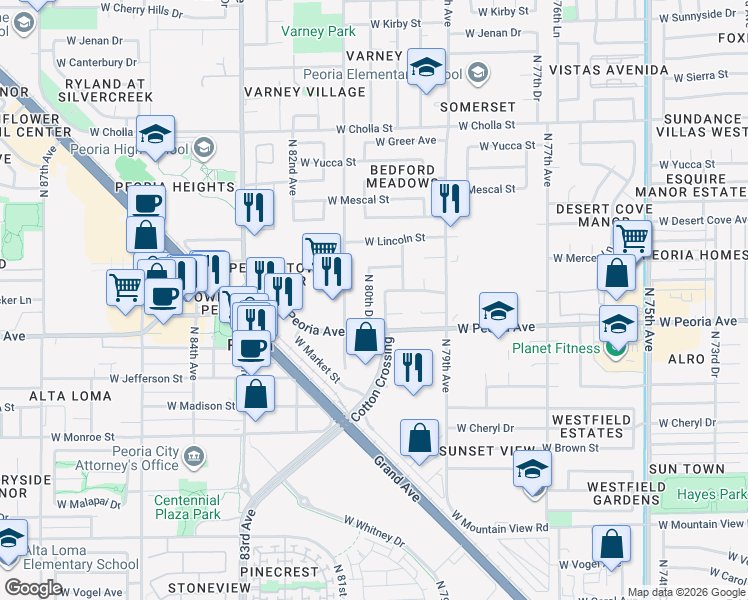 map of restaurants, bars, coffee shops, grocery stores, and more near 10713 North 80th Lane in Peoria
