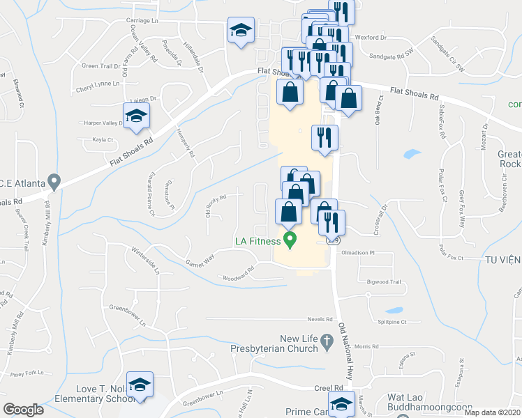 map of restaurants, bars, coffee shops, grocery stores, and more near 6042 Rockaway Road in Atlanta
