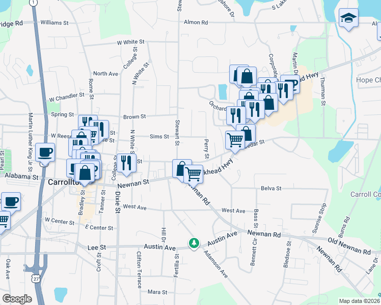 map of restaurants, bars, coffee shops, grocery stores, and more near 516 Cedar Street in Carrollton
