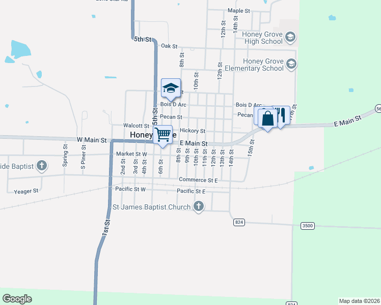 map of restaurants, bars, coffee shops, grocery stores, and more near 501 Market Street East in Honey Grove
