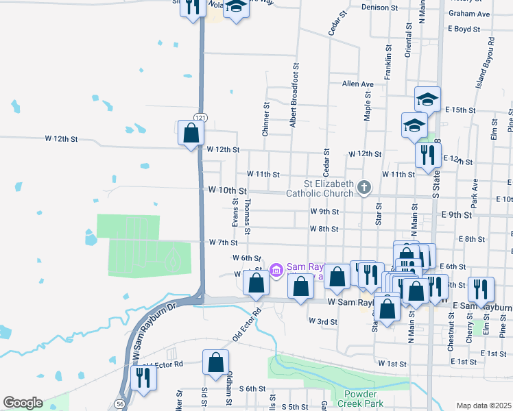 map of restaurants, bars, coffee shops, grocery stores, and more near 920 West 9th Street in Bonham
