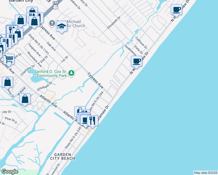 map of restaurants, bars, coffee shops, grocery stores, and more near 162 Cypress Avenue in Murrells Inlet