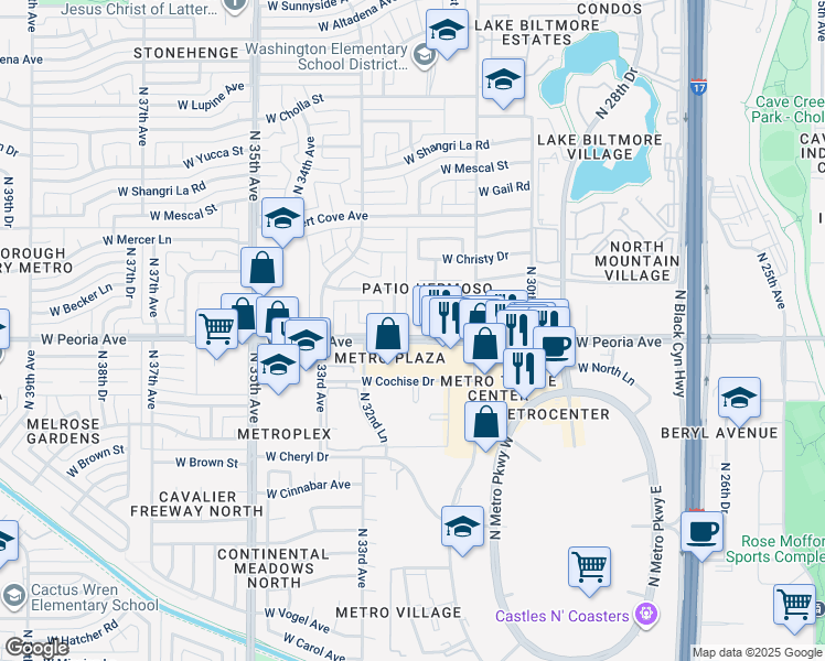 map of restaurants, bars, coffee shops, grocery stores, and more near 3215 West Becker Lane in Phoenix