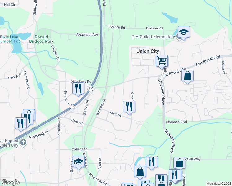 map of restaurants, bars, coffee shops, grocery stores, and more near 6350 Park Street in Union City